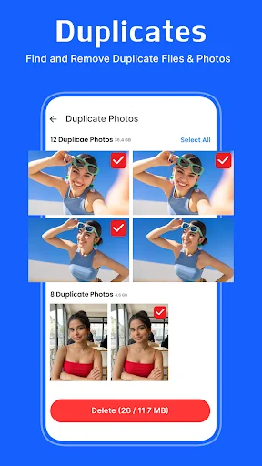 Duplicate Photos detection feature displaying multiple duplicate photos selected for removal with total size 241 GB and delete button