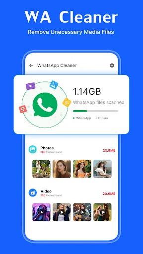 WhatsApp Cleaner showing 1.14 GB of unnecessary WhatsApp media files with separate photos and videos cleanup categories and sizes