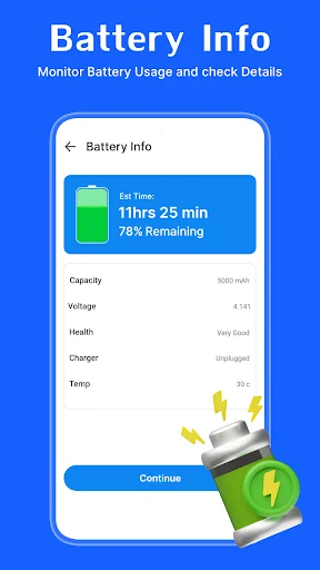 Battery Info screen displaying battery health status with 11 hours 25 minutes remaining battery life and detailed specifications