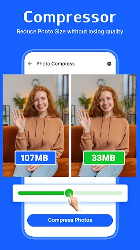 Photo Compressor showing image compression from 107 MB to 33 MB with before and after comparison of same photo for quality assessment