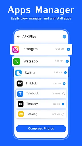 Apps Manager displaying list of installed applications including Instagram, WhatsApp, TikTok with file sizes and management controls