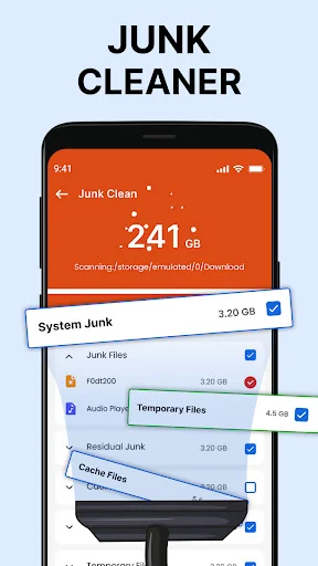 Junk Cleaner detailed view showing 241 GB system junk with expandable categories including junk files, temporary files, and cache files