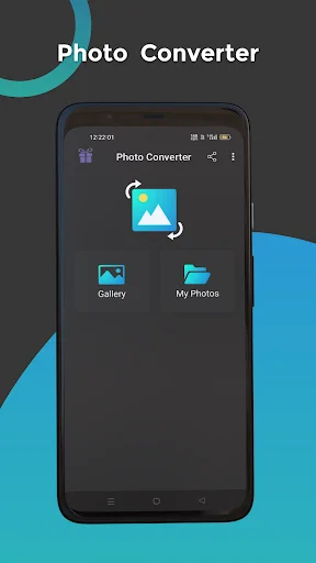 Photo Converter app home screen with Gallery and My Photos buttons for selecting images to convert