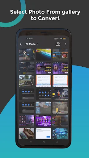 Gallery selection interface showing media grid for choosing photos to convert in Photo Converter app
