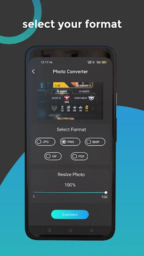 Format selection screen with JPG PNG BMP GIF PDF options and resize slider for photo conversion