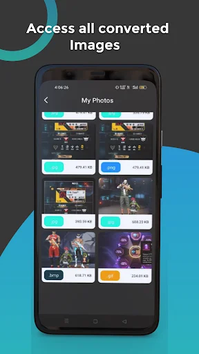 My Photos gallery displaying grid of converted images with file sizes and format labels