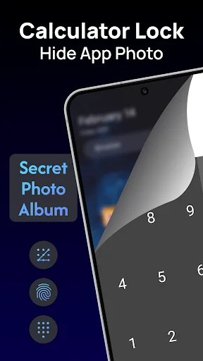 Calculator Lock app home screen showing Secret Photo Album with calculator keypad, fingerprint, dial pad, and security feature icons