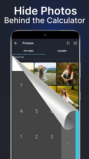 Hide photos behind calculator showing photo gallery thumbnails with people images partially obscured by calculator keypad