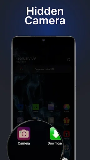 Hidden camera feature with Camera and Download app icons concealed and hidden from home screen visibility