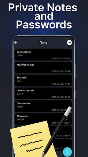 Private notes and passwords app showing encrypted note entries including Bank account, My hidden notes, Secure notes with timestamps