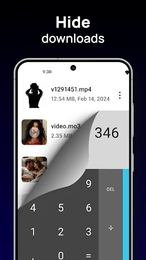 Hide downloads vault displaying hidden video and audio files like v1291451.mp4 and video.mp3 with file sizes and dates