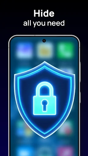 Smartphone screen displaying neon blue glowing lock shield icon representing complete privacy and security protection