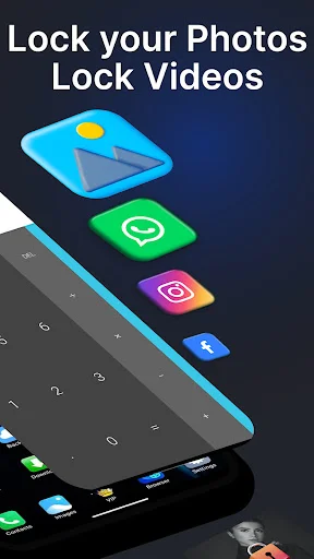 Lock photos and videos feature showing colorful app icon tiles for photo gallery, Messages, Instagram, Facebook stacked
