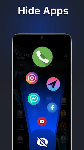 Hide apps interface displaying multiple hidden social apps including WhatsApp, Instagram, Telegram, Facebook, YouTube