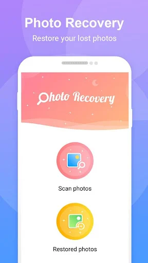 Photo Recovery app home screen with Scan photos and Restored photos options for deleted photo recovery
