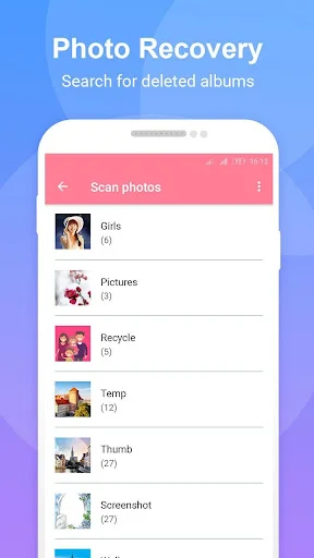 Photo Recovery search results showing deleted photo categories with file counts ready for restoration