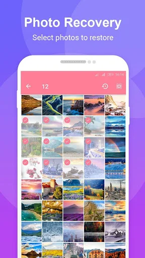 Photo Recovery photo selection grid with checkmarks to choose and select deleted photos for restoration