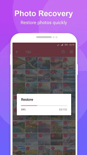 Photo Recovery restoration progress indicator showing 34% completion of deleted photo recovery process