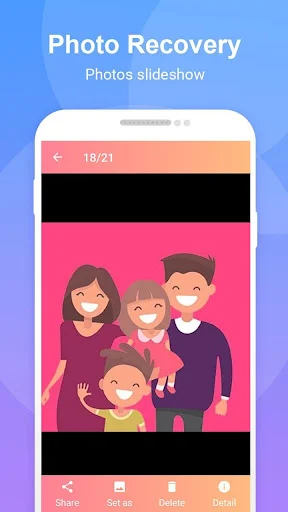 Photo Recovery slideshow view displaying recovered photos with share, set as wallpaper, delete and details options