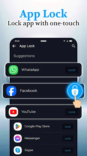 App Lock interface showing list of apps including WhatsApp, Facebook, YouTube with individual lock buttons