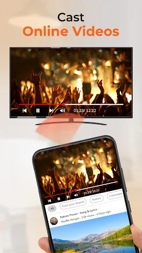 Projector app casting online video from smartphone to TV, displaying concert footage with media playback controls