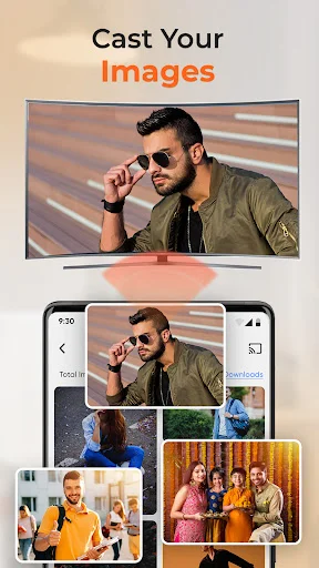Projector app mirroring smartphone gallery images to TV, showing portrait and group photos for casting