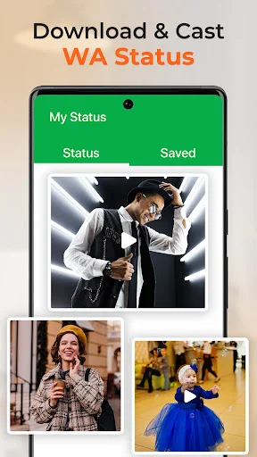 Projector app downloading and casting WhatsApp status updates from smartphone to TV with saved status interface