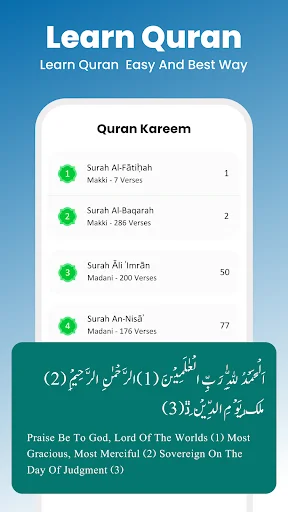 Learn Quran Kareem feature showing list of Surah chapters with verse counts and Islamic teachings for Muslim prayer study