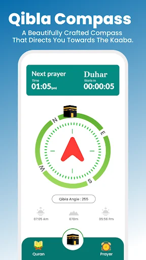 Qibla Compass main screen with circular compass needle pointing toward Kaaba, next prayer time, and Qibla angle direction finder