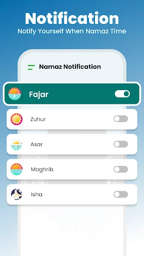 Namaz Prayer notification settings interface with toggle switches for Fajar, Zuhur, Asar, Maghrib, and Isha prayer time alerts