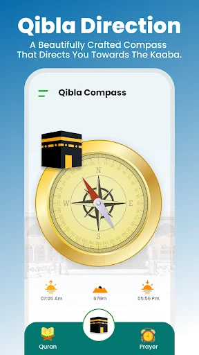 Qibla Direction golden compass with Kaaba image, red needle pointing toward Mecca, prayer times, and navigation buttons