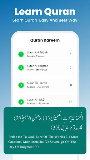 Learn Quran screen: List of Quran chapters (Surah) with verse counts and Arabic Islamic text with English translation for daily Islamic learning