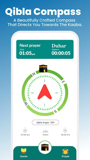 Qibla Compass screen: Green compass with red arrow pointing to Kaaba, next prayer times, Qibla angle 255 degrees, and prayer schedule