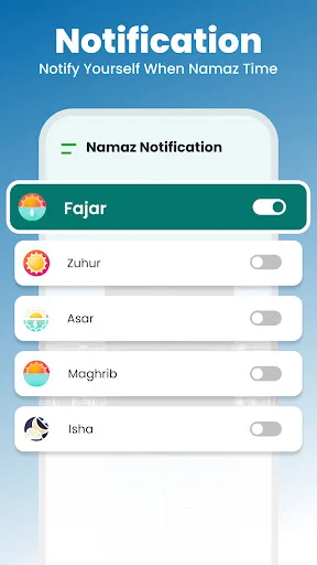 Namaz Notification settings screen: Toggle switches for prayer time notifications - Fajar enabled, Zuhur, Asar, Maghrib, and Isha prayer alerts