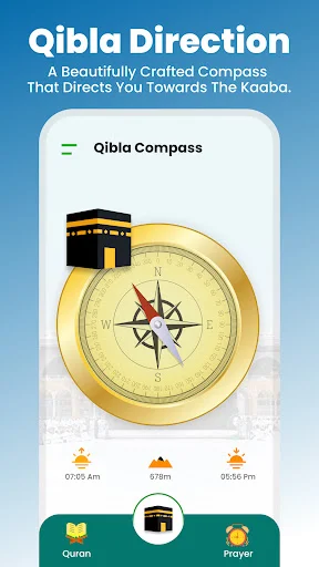 Qibla Direction screen: Golden compass with Kaaba image and cardinal directions, showing direction pointer and prayer times 07:09 AM to 05:56 PM