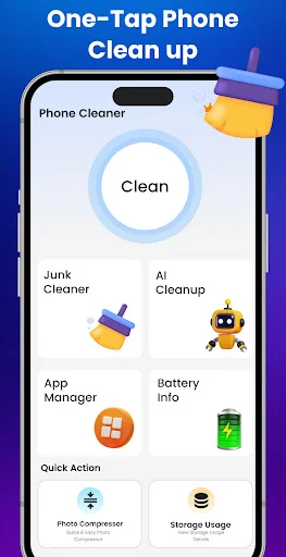 Phone Cleaner main screen with one-tap Clean button and shortcuts for junk cleaner, AI cleanup, app manager, battery, and compressor