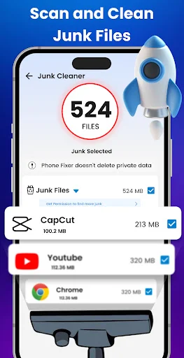 Junk Cleaner shows 524 junk files with checkboxes to select and delete files from apps like CapCut, YouTube, Chrome, and others