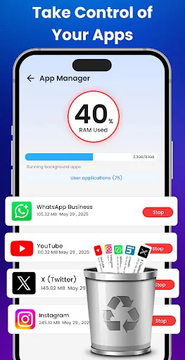 App Manager displays 40% RAM usage with installed apps like WhatsApp, YouTube, Twitter, Instagram with stop and remove options