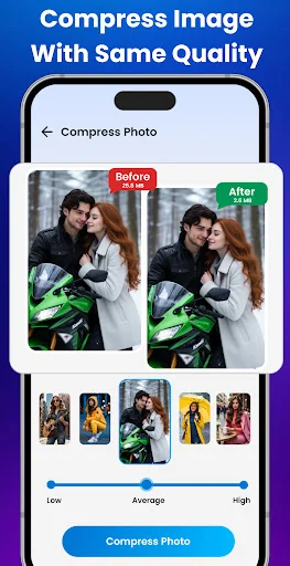 Photo Compression tool with before/after image comparison and quality slider ranging from Low to High for image size reduction