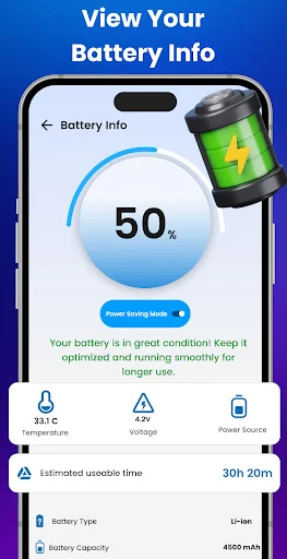 Battery Info showing 50% charge level with temperature, voltage, power source, battery type, capacity, and estimated usable time