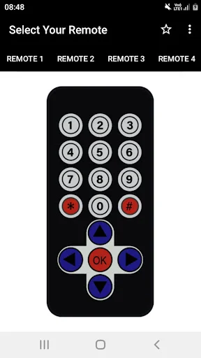 MP3 Player Remote 1 interface with numeric keypad buttons 1-9 and 0, red power button, play controls, and blue directional pad with center OK button for music control