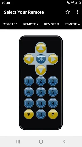 Remote 5 black remote with gold buttons featuring directional pad with OK center, numbered buttons, and star hash buttons