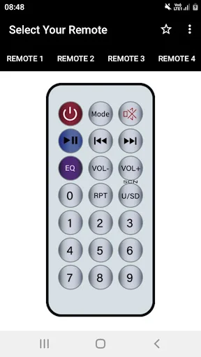 MP3 Player Remote 2 display featuring power button, mode and mute controls, play and skip buttons, volume and EQ adjustments, RPT and U/SD buttons, numeric keypad 1-9