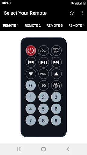 MP3 Player Remote 4 interface with red power button, volume controls, function and stop buttons, play and skip controls, EQ and ST/REPT buttons, numeric keypad 0-9