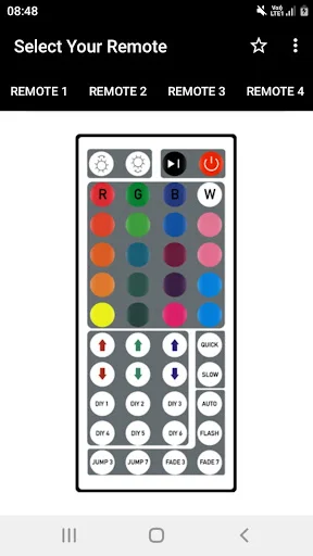 MP3 Player Remote 7 advanced color-coded remote with R, G, B, W buttons, color palette grid, numbered buttons, and function controls for complex audio device operation