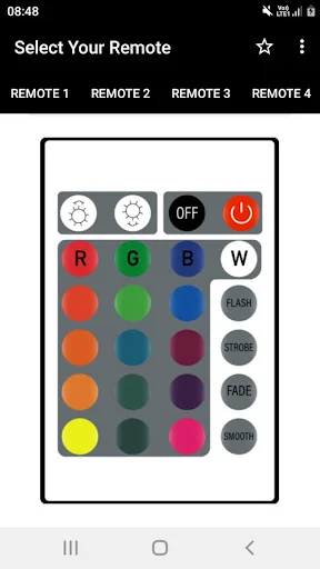 MP3 Player Remote 8 feature-rich remote with R, G, B, W color buttons, color selection palette, and right-side function buttons for comprehensive music device control