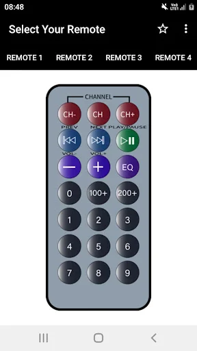 Remote 3 gray remote with channel selector buttons, play controls, plus and minus buttons, EQ, and numeric keypad