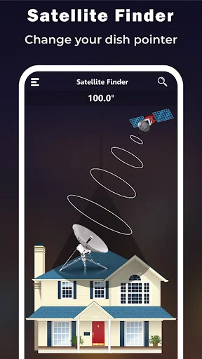 Dish pointer adjustment screen showing house with satellite dish and signal wave illustration at 100 degrees angle