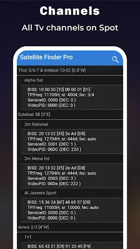 TV channels on spot screen listing broadcast satellites with BISS codes and transponder frequency technical details
