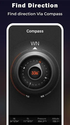 Compass direction finder screen displaying bearing direction with altitude pressure and satellite alignment data